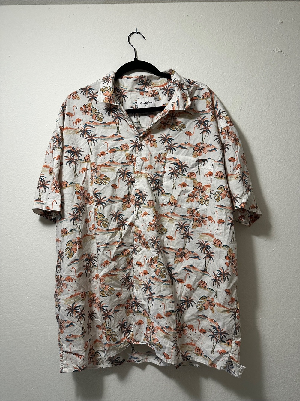 Goodfellow & Co White Tropical Palm & Flamingo Print Short Sleeve Shirt